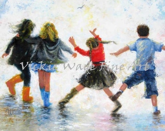 Three Girls and Boy Art Print, three sisters and brother, four children happy feet, children playing wall art teens jumping, Vickie Wade art