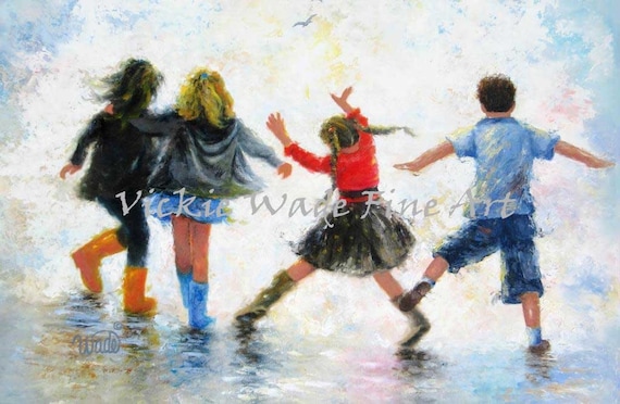 Three Girls and Boy Art Print: Children Playing, Vickie Wade Art