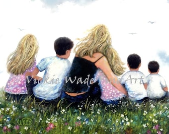 Mother Five Children Art Print, two daughters three sons, five kids, mom hugging five children, sitting in wildflower meadow,Vickie Wade Art