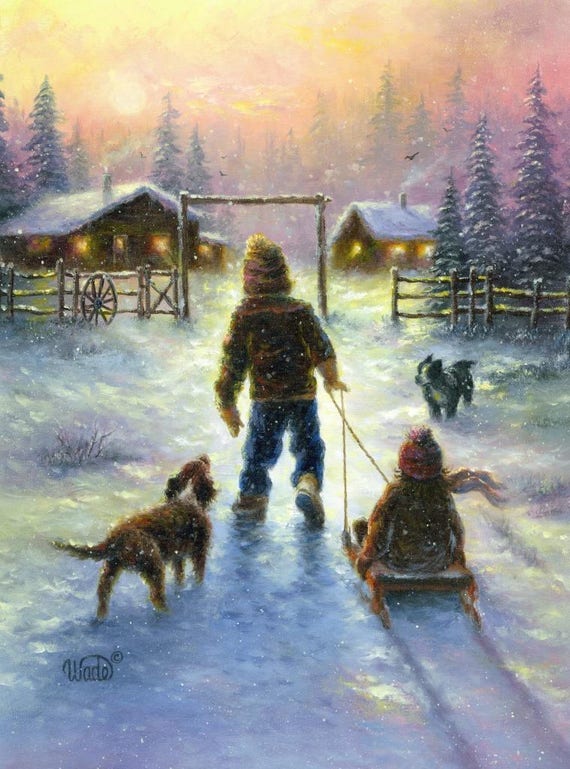 Sledding Original Painting 12x16 Boy And Girl Brother And Etsy