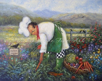 Garden Chef Art Print, chef paintings fat chefs chef art kitchen art food garden vegetables, Vickie Wade art