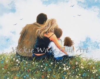 Family Hugs Art Print mother father brother little sister wall art, family hugging sitting in wildflower meadow, Vickie Wade Art