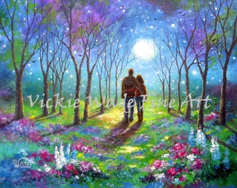 Loving Couple Art Print, moonlight stroll, walking in moonlight arm in arm, lovers in moonlight painting, anniversary gift, Vickie Wade Art