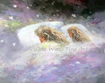 Blond Mother and Daughter Sleeping Art Print, two blonde sisters, big sister little sister, blonde mom and daughter napping, Vickie Wade Art