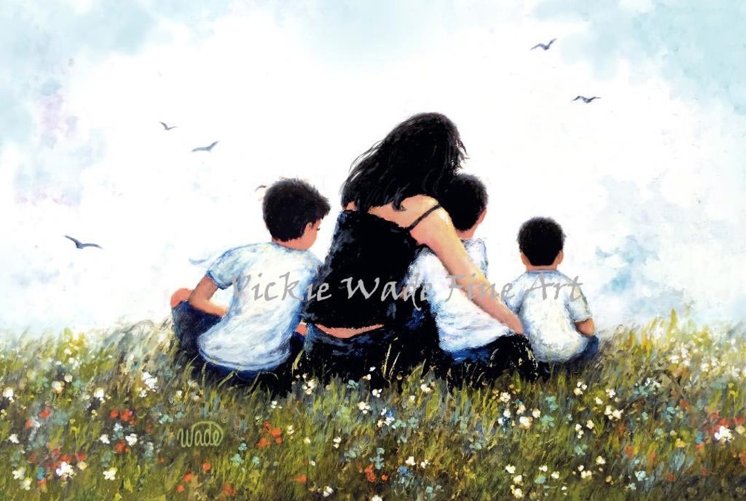 Mother and Three Sons Art Print: Asian Mom Hugging Boys, Vickie