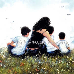Mother and Three Sons Art Print: Asian Mom Hugging Boys, Vickie Wade Art
