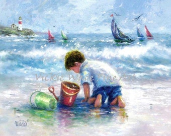 Beach Boy Art Print, beach paintings, blonde beach boy, beach decor wall art, nautical print, sailboats, shelling, Vickie Wade art