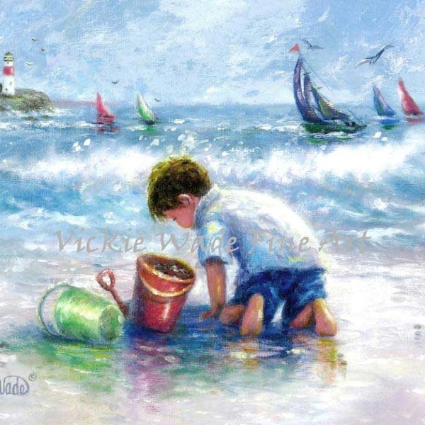 Beach Boy Art Print, beach paintings, blonde beach boy, beach decor wall art, nautical print, sailboats, shelling, Vickie Wade art