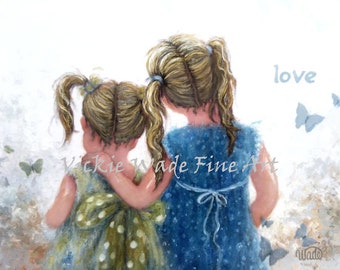 Two Sisters Blondes Art Print, two blonde girls, two daughters, sister love and butterflies, blonde and brunette, pigtails, Vickie Wade Art