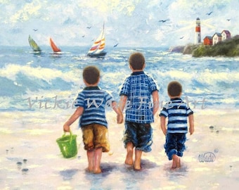 Three Beach Boys Art Print, three brothers, beach, wall art, boys room, beach art, sailboats, lighthouse, ocean, little boys, Wade Art