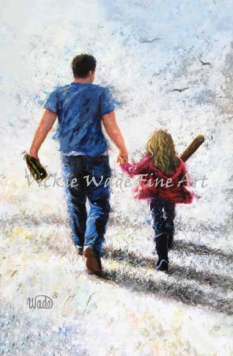 Father Daughter Baseball Art Print, dad and daughter walking holding hands softball painting, baseball mitt and glove, Vickie Wade Art image 1