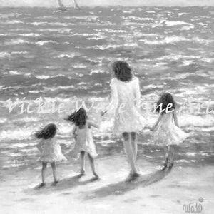 Mother and Three Daughters Beach Art Print, mom, three girls, beach sisters, three sisters, mother's day gift, loving mom, Vickie Wade Art image 6