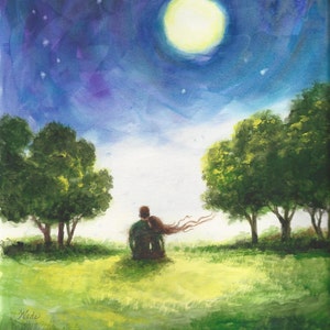 Lovers Art Print, loving couple, starry night, moon, romantic painting, love, moonlight lovers, blue, green, E.E. Cummings, Vickie Wade Art
