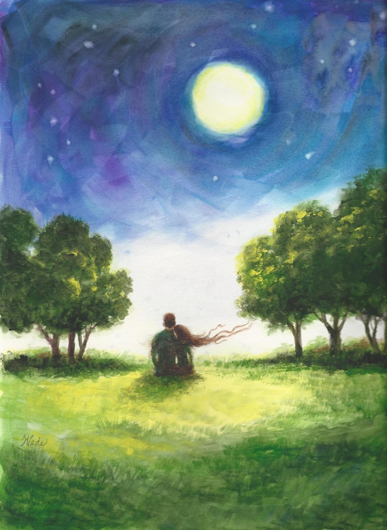 Lovers Art Print, loving couple, starry night, moon, romantic painting, love, moonlight lovers, blue, green, E.E. Cummings, Vickie Wade Art image 1