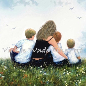 Mother and Three Sons Art Print: Mom and Boys Hugging