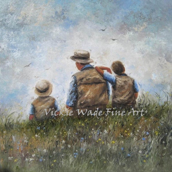 Father and Sons Talking 24X24 Original Oil Painting dad and two sons paintings, fatherhood, two boys two brothers wall art, Vickie Wade Art