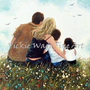 Family Hugs Art Print mother father brother little sister wall art, family hugging sitting in wildflower meadow, Vickie Wade Art
