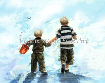 Two Little Beach Boys holding hands Art Print, two brothers walking hand in hand, two blonde sons beach bucket, Vickie Wade Art.