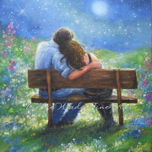 Lovers Hugging Art Print, moon, stars, by Vickie Wade