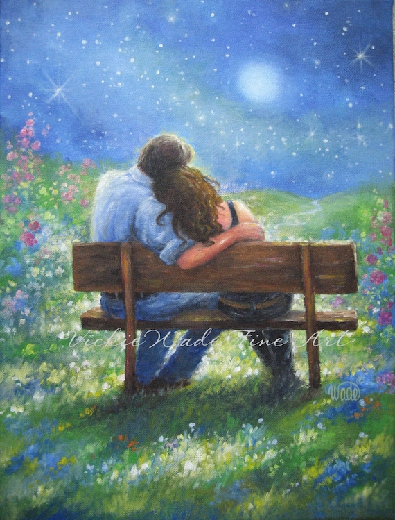 Loving Couple Art Print Lovers In Moonlight Hugging Etsy