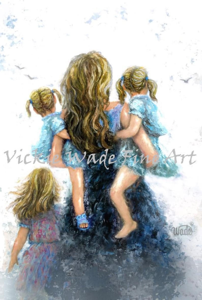 Mother Three Daughters Art Print, mother paintings, blonde mom three girls, carrying daughters, three sisters, gift, girls room, Vickie Wade image 1