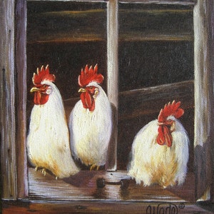 White Chickens Art Print: Sunny Window Sill Kitchen Decor