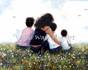 African American Mother Art Print, moeder drie kinderen, zwarte moeder drie kinderen, meisje en twee jongens, Latina moeder, weide, Wade Art