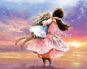 Two Sisters Twirling at Sunset Art Print, two girls spinning, blond and brunette sisters, two sisters, colorful, Vickie Wade Art