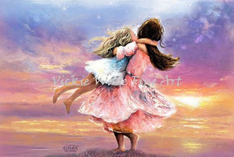 Two Sisters Twirling at Sunset Art Print, two girls spinning, blond and brunette sisters, two sisters, colorful, Vickie Wade Art image 1