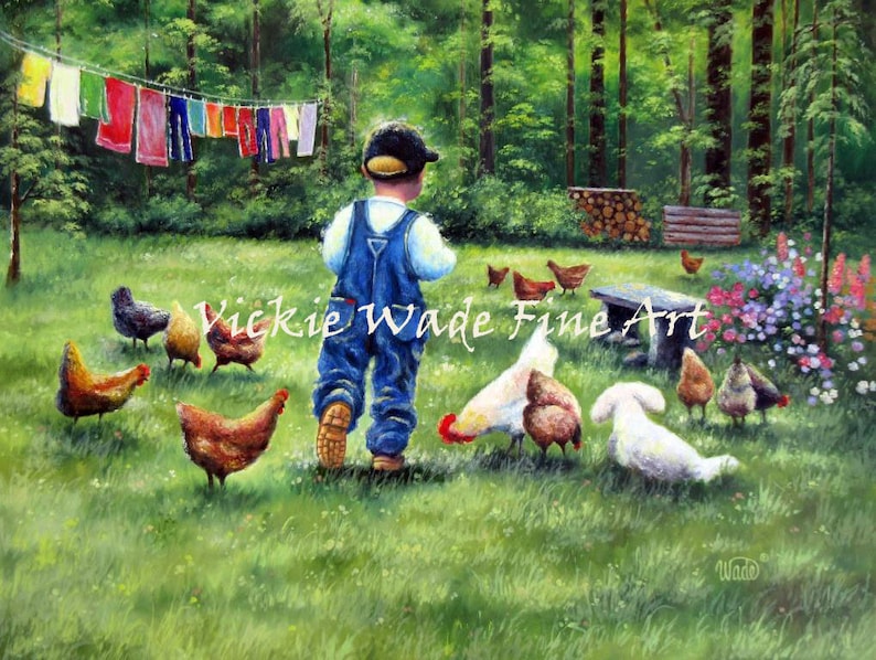 Farm Boy and Chickens Art Print, boys room wall art, country boy, farm boy, nursery boy wall decor, boy and chickens, Vickie Wade art image 1