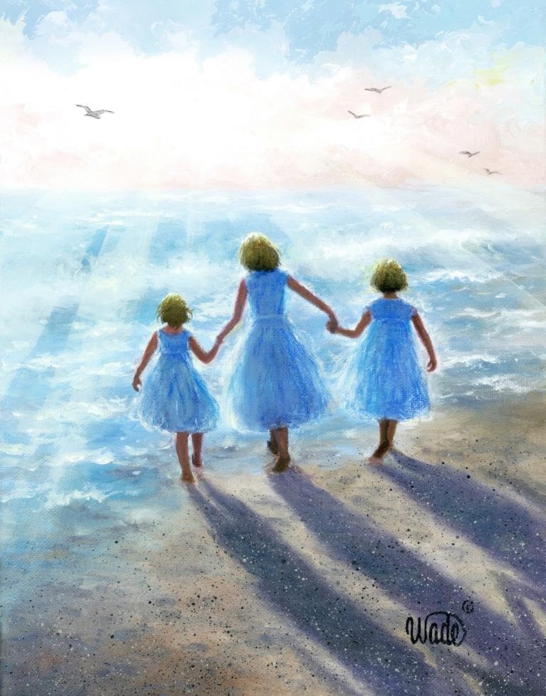 Three Beach Girls Art Print, Three Sisters on Beach, Three Daughters