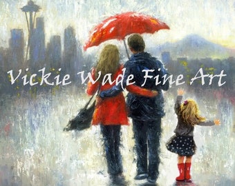 Father Mother Daughter Seattle Rain Art Print, Seattle art, rain couple, blonde mother and daughter, art space needle. Vickie Wade art