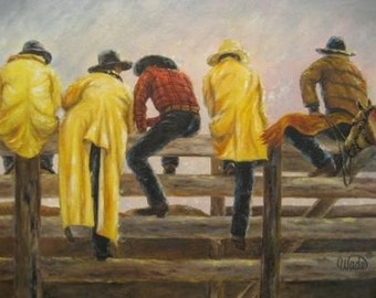 Cowboys Art Print, cowboy paintings, five cowboys on fence, rodeo men, ranch hands, western art, yellow rain slickers, Vickie Wade Art