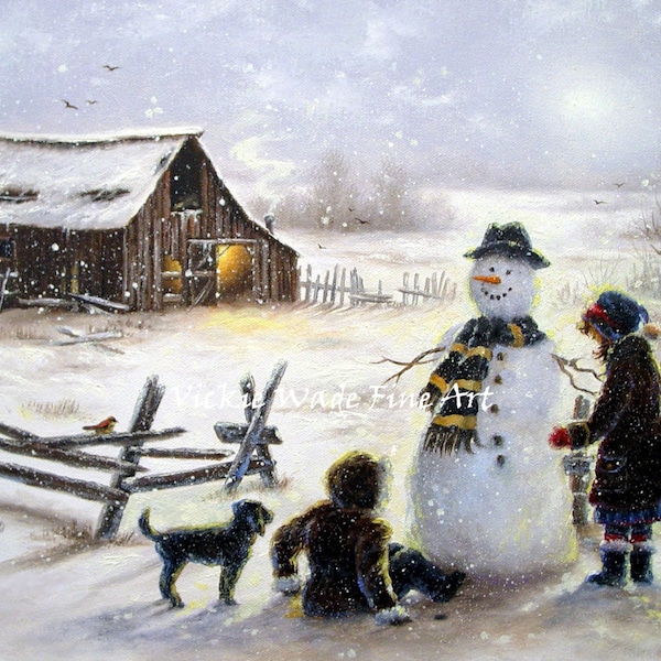 Snowman Art Print snowman paintings, two sisters, two daughters, snow painting, winter barn wall art paintings, Vickie Wade art