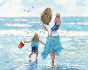 Beach Mother Two Children Art Print, blonde daughter and son, girl and boy, sister and brother, ocean waves, playing surf, Vickie Wade Art