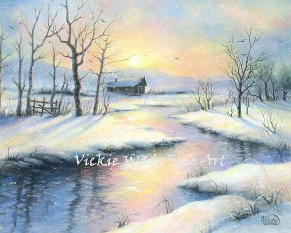Winter Landscape Art Print Snow Paintings Cabin In Snow Etsy