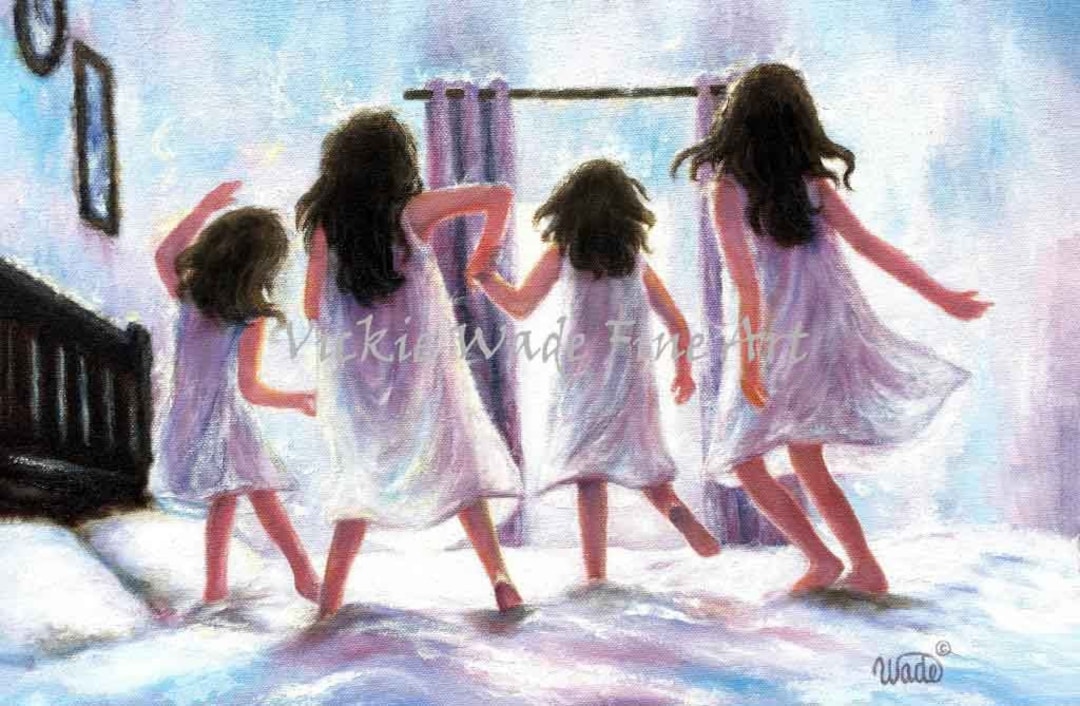 ベッドの上でジャンプする4人姉妹のアートプリント、4人の女の子