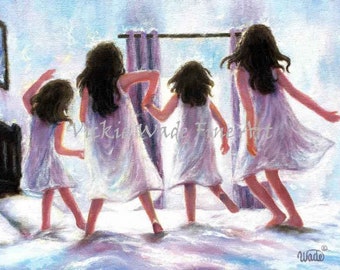 Four Sisters Jumping on the Bed Art Print, four girls, four brunette daughters wall art, four sisters wall art,  Vickie Wade art