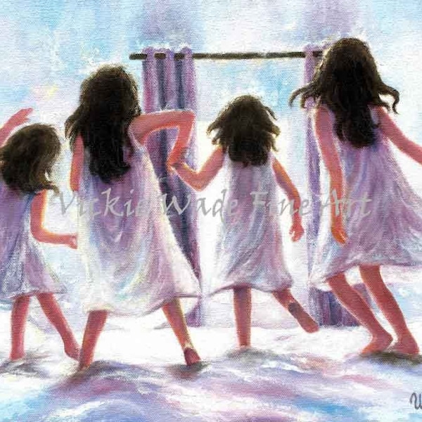 Four Sisters Jumping on the Bed Art Print, four girls, four brunette daughters wall art, four sisters wall art,  Vickie Wade art