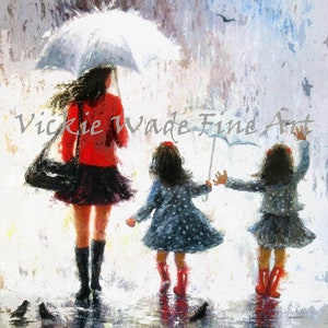Kunstprint tweelingmeisjes: wandeling met moeder op regenachtige dag