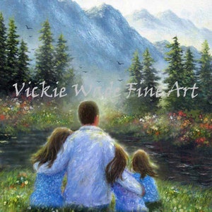 Father Three Daughters Lake Art Print, three sisters, three girls, mom three daughters, mountain lake art print, Vickie Wade Art