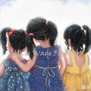 Three Sisters Black Hair Art Print, three girls sister blue wall art, sister gift, black haired sisters painting, Vickie Wade art image 1