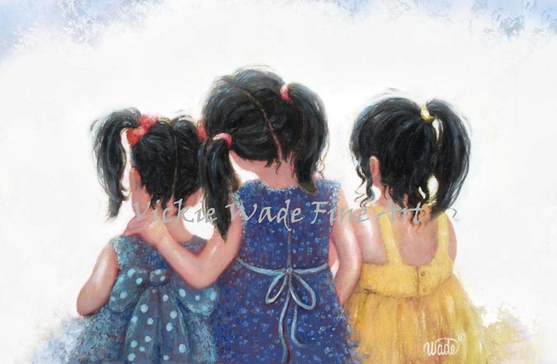 Three Sisters Black Hair Art Print, three girls sister blue wall art, sister gift, black haired sisters painting, Vickie Wade art image 1