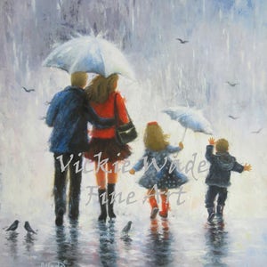 Rain Family Art Print, brother sister, girl and boy, mom and dad, mother, father, walking, rain, umbrella, painting, happy familyVickie Wade image 2