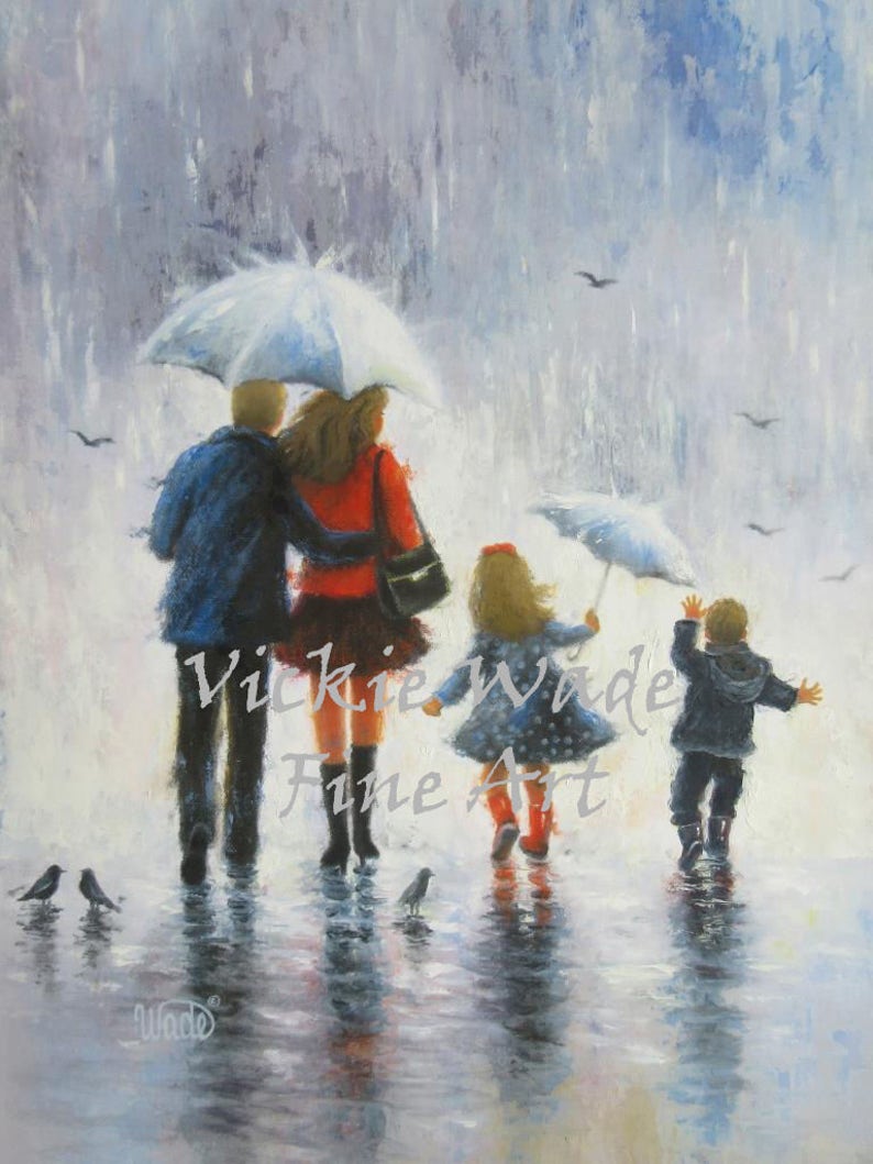 Rain Family Art Print, brother sister, girl and boy, mom and dad, mother, father, walking, rain, umbrella, painting, happy familyVickie Wade image 2