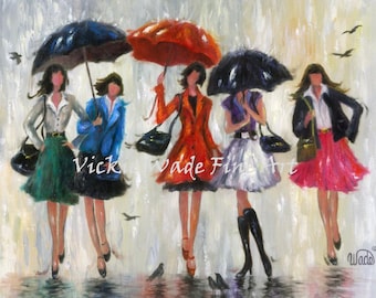 Five Sisters Adults Art Print, five girlfriends, five ladies wall art, five woman fashion art, five bridesmaids, 5 rain gals Vickie Wade Art