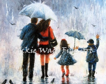 Père, mère Twin Boy and Girl Art Print, fils jumeaux et fille famille de pluie marchant sous la pluie art mural, Vickie Wade Art