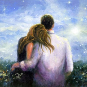 Lovers Art Print, loving couple, romantic couple, couple in love, hugging, romantic art, anniversary paintings, wall art images, Vickie Wade