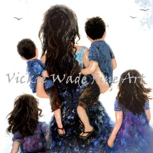 Mother Two Daughters Two Sons Art Print, four children, two boys two girls, mother carrying children, brunettes, Vickie Wade Art
