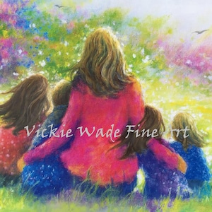 Mother Four Children Art Print, three sisters and brother, three girls and boy, four kids, three daughters and son,mom, mum, Vickie Wade Art